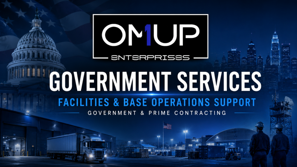 OMUP Enterprises Government Services banner featuring the company logo, U.S. Capitol, facilities, logistics operations, and the text “Facilities & Base Operations Support.”